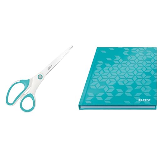 Leitz WOW Set Titan Qualitätsschere + Notizbuch A5 kariert, Hardcover, 160 Seiten, 80 Blatt, Für Rechts- oder Linkshänder, Haushaltsschere für zu Hause oder Schule, Eisblau, 53192051 + 46281051 von Leitz
