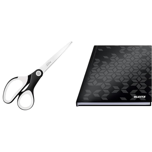 Leitz WOW Set Titan Qualitätsschere + Notizbuch A5 kariert, Hardcover, 160 Seiten, 80 Blatt, Für Rechts- oder Linkshänder, Haushaltsschere für zu Hause oder Schule, Schwarz, 53192095 + 46281095 von Leitz