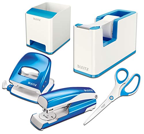 Leitz Wow Schreibtisch Accessoires 5 - teiliges Tischset inkl. Heftgerät, Locher, Tischabroller, Schere und Stifteköcher (blau-metallic, Tischset) von Leitz