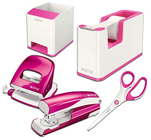 Leitz Wow Schreibtisch Accessoires 5 - teiliges Tischset inkl. Heftgerät, Locher, Tischabroller, Schere und Stifteköcher (pink-metallic, Tischset) von Leitz
