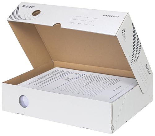 Leitz easyboxx Archiv-Klappschachtel, 80 mm Rückenbreite, Aktenkarton A4, Boxen zur Aufbewahrung mit Deckel an der Oberseite, Lagerbox mit geometrischem Design, 25 Stück, Weiß/Grau, 61340000 von Leitz