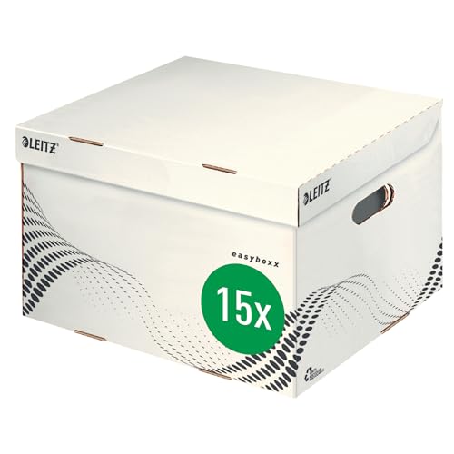 Leitz easyboxx Aufbewahrungs- und Transport-Schachtel, Größe M, Schachtel für Leitz easyboxx A4 Archiv-Schachteln 3 x 100 mm/2 x 150 mm, Transportbox mit Deckel Oben, 15 Stück, Weiß/Schwarz, 61360000 von Leitz