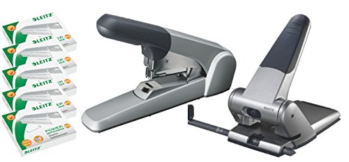 Profi Set: Leitz 55520084 Extrastarkes Flachheftgerät, Heftleistung 60 Blatt, silber mit 5.000 Klammern Grundausstattung, silber und Leitz 5180 extrastarker Registraturlocher langer Hebel Stanzleistung 65 Blatt à 80 g/m² von Leitz