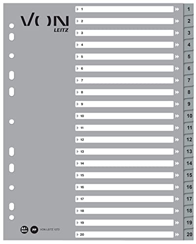 VON Leitz 10er Pack Zahlen-Register A4, 1-20 nummerierte Trennblätter für Ordner, PP, Extra breit, 11-Loch-Universalregister für Schnellhefter & Ringbücher, Grau, 12720085 von Leitz