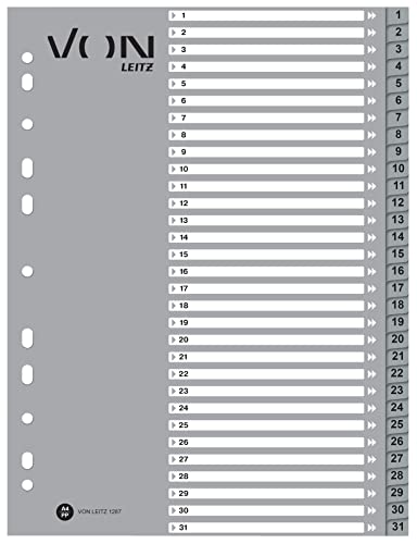 VON Leitz 10er Pack Zahlen-Register A4, 1-31 nummerierte Trennblätter für Ordner, PP, 11-Loch-Universalregister für Schnellhefter & Ringbücher, Grau, 12870085 VON Leitz 10er Pack Zahlen-Register A4, 1-31 nummerierte Trennblätter für Ordner, PP, 11-Loch-Universalregister für Schnellhefter & Ringbücher, Grau, 12870085 von Leitz