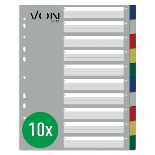 VON Leitz 10er Pack 10-teiliges Register A4, Trennblätter für Ordner, PP, Extra breit, 11-Loch-Universalregister für Schnellhefter & Ringbücher, Mehrfarbig, 12270000 VON Leitz 10er Pack 10-teiliges Register A4, Trennblätter für Ordner, PP, Extra breit, 11-Loch-Universalregister für Schnellhefter & Ringbücher, Mehrfarbig, 12270000 von Leitz