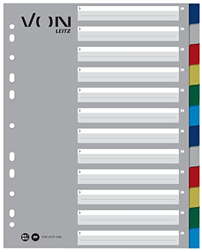 VON Leitz 10er Pack 12-teiliges Register A4, Blanko Trennblätter für Ordner, PP, Extra breit, 11-Loch-Universalregister für Schnellhefter & Ringbücher, Mehrfarbig, 12280000 von Leitz