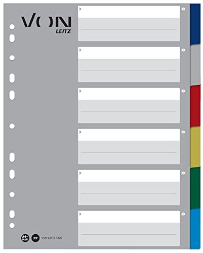 VON Leitz 10er Pack 6-teiliges Register A4, blanko Trennblätter für Ordner, PP, Extra breit, 11-Loch-Universalregister für Schnellhefter & Ringbücher, Mehrfarbig, 13050000 von Leitz