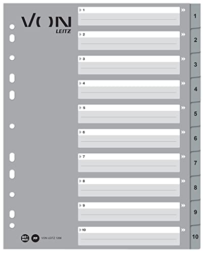 VON Leitz 10er Pack Zahlen-Register A4, 1-10 nummerierte Trennblätter für Ordner, PP, Extra breit, 11-Loch-Universalregister für Schnellhefter & Ringbücher,Grau, 12660085 von Leitz