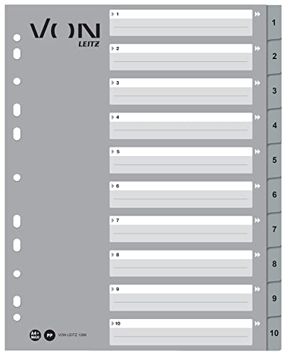 VON Leitz 10er Pack Zahlen-Register A4, 1-10 nummerierte Trennblätter für Ordner, PP, Extra breit, 11-Loch-Universalregister für Schnellhefter & Ringbücher,Grau, 12660085 VON Leitz 10er Pack Zahlen-Register A4, 1-10 nummerierte Trennblätter für Ordner, PP, Extra breit, 11-Loch-Universalregister für Schnellhefter & Ringbücher,Grau, 12660085 von Leitz