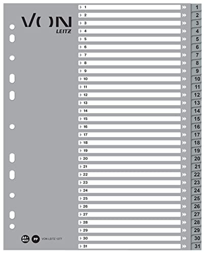 VON Leitz 10er Pack Zahlen-Register A4, 1-31 nummerirte Trennblätter für Ordner, PP, Extra breit, 11-Loch-Universalregister für Schnellhefter & Ringbücher, Grau, 12770085 von Leitz