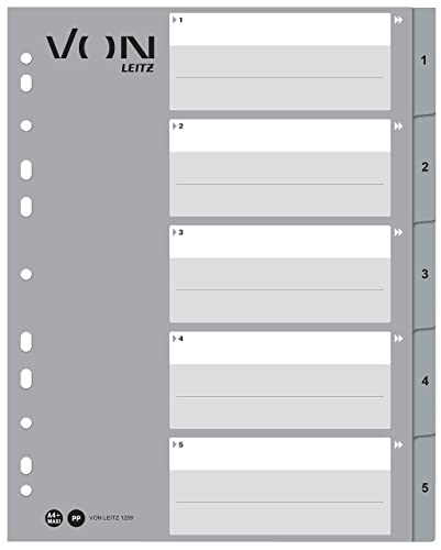 VON Leitz 10er Pack Zahlen-Register A4, 1-5 nummerierte Trennblätter für Ordner, PP, Extra breit, 11-Loch-Universalregister für Schnellhefter & Ringbücher, Grau, 12590085 von Leitz