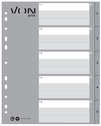 VON Leitz 10er Pack Zahlen-Register A4, 1-5 nummerierte Trennblätter für Ordner, PP, Extra breit, 11-Loch-Universalregister für Schnellhefter & Ringbücher, Grau, 12590085 VON Leitz 10er Pack Zahlen-Register A4, 1-5 nummerierte Trennblätter für Ordner, PP, Extra breit, 11-Loch-Universalregister für Schnellhefter & Ringbücher, Grau, 12590085 von Leitz