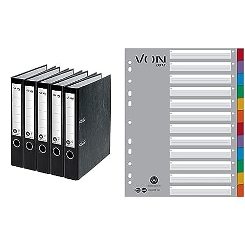 VON Leitz Set Ordner mit Register, 5er Pack Ordner A4, 100% Recycling-Karton, Für 350 Blatt, 50 mm Rückenbreite, Schwarz, 10541095 & 10er Pack 12-teiliges Register, 100% Recycling-Karton, 13010000 VON Leitz Set Ordner mit Register, 5er Pack Ordner A4, 100% Recycling-Karton, Für 350 Blatt, 50 mm Rückenbreite, Schwarz, 10541095 & 10er Pack 12-teiliges Register, 100% Recycling-Karton, 13010000 von Leitz