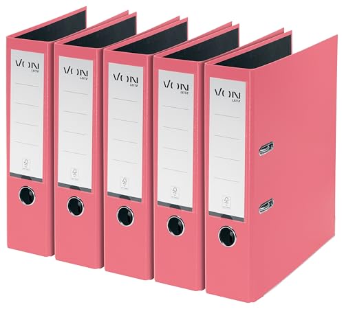 VON Leitz 5er Pack Ordner A4, Karton mit Kunststoffeinband, 80 mm Rückenbreite, Für 600 Blatt, FSC-zertifizierter Karton, Aktenordner, Für Schule, Studium & Zuhause, Pink, 10551021 von Leitz