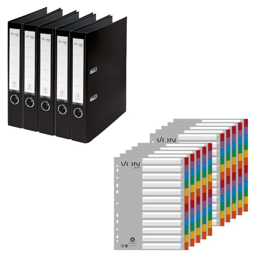 VON Leitz Set Ordner mit Register, 5er Pack Ordner A4, Karton mit Kunststoffeinband, Für 350 Blatt, 50mm Rückenbreite, Schwarz, 10561095 & 10er Pack 12-teiliges Register A4, 13010000 von Leitz