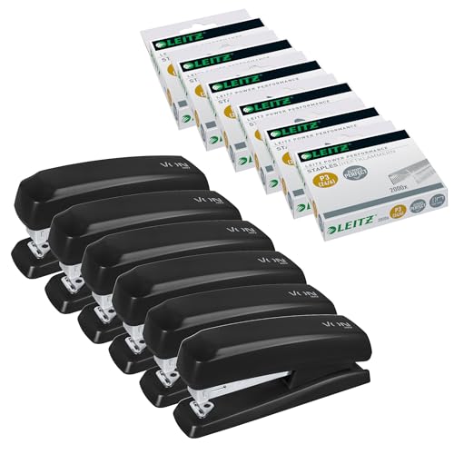 Leitz VON Set 6 x Heftgerät für 20 Blatt + Power Performance Heftklammern P3 (24/6), 6 x 2000 Stück, Tacker mit kompakter Größe ideal für zu Hause, Büro oder Schule, Schwarz, 56200095 + 55701000 von Leitz