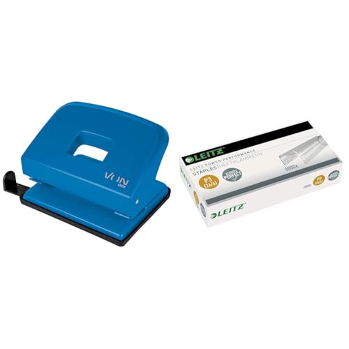 VON Leitz Set Locher für 20 Blatt, Anschlagschiene mit Formatangaben + Power Performance Heftklammern P3 (26/6), 5000 Stück, Ideal für zu Hause, Büro oder Schule, Schwarz, 50200035 + 55721000 von Leitz