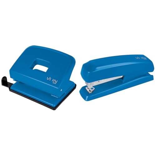 VON Leitz Set Locher & Heftgerät, Für 20 Blatt, Anschlagschiene mit Formatangaben, Kompakte Größe ideal für zu Hause, im Büro oder in der Schule, Metall und Kunststoff, Blau, 50200035 + 56200035 von Leitz