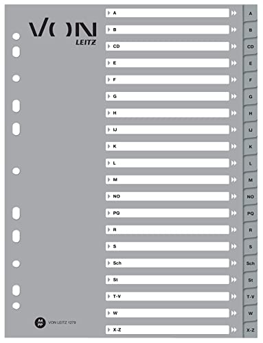 VON Leitz 10er Pack Alphabet-Register A-Z DIN A4, Karton mit PP-Taben, 11-Loch-Universalregister für Ordner, Schnellhefter & Ringbücher, Für Schule, Studium & Zuhause, Grau, 12790085 von Leitz