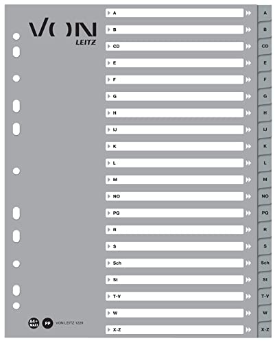 VON Leitz 10er Pack Alphabet-Register A-Z, A4 für Ordner, PP-Karton, Extra breit, 11-Loch-Universalregister für Schnellhefter & Ringbücher, alphabetische Trennblätter, Grau, 12290085 von Leitz