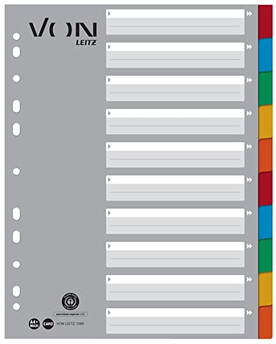 VON Leitz 10er Pack 10-teiliges Register A4 Überbreit, 100 % Recycling-Karton, Blanko-Registerkarten, 11-Loch-Universalregister für Hefter & Ringbücher, 12990000 von Leitz
