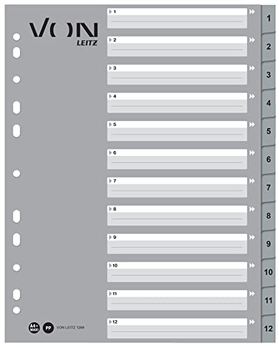 VON Leitz 10er Pack Zahlen-Register A4, 1-12 nummerierte Trennblätter für Ordner, PP, Extra breit, 11-Loch-Universalregister für Schnellhefter & Ringbücher, Grau, 12680085 von Leitz