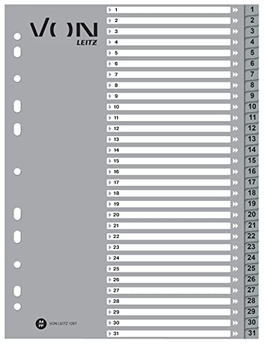 VON Leitz 10er Pack Zahlen-Register A4, 1-31 nummerierte Trennblätter für Ordner, PP, 11-Loch-Universalregister für Schnellhefter & Ringbücher, Grau, 12870085 von Leitz