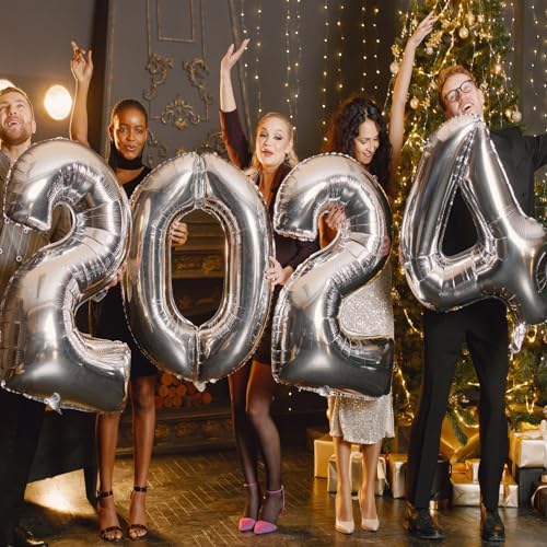 2024 Folien-Zahlenballons, 2024 Zahlenballon, 40 Zoll 2024 Mylar-Luftballons, große Zahlenballon für 2024 Silvesterpartyzubehör Geburtstag Jahrestag Weihnachtsdekoration (Silber) von Leixi
