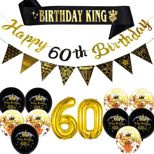 Dekoration zum 60. Geburtstag für Männer, Schwarz / Gold Geburtstag König Schärpe & Luftballons & Banner, Geburtstagsgeschenke für Männer, Geburtstagsparty, Abschlussball, Dekoration für Männer (60. von Leixi
