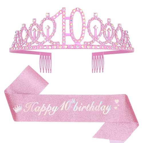 Leixi Dekoration zum 10. Geburtstag für Mädchen, rosa Geburtstagsschärpe und Krone, Tiara-Set, Partyzubehör zum 10. Geburtstag (Rosa zum 10. Geburtstag) von Leixi