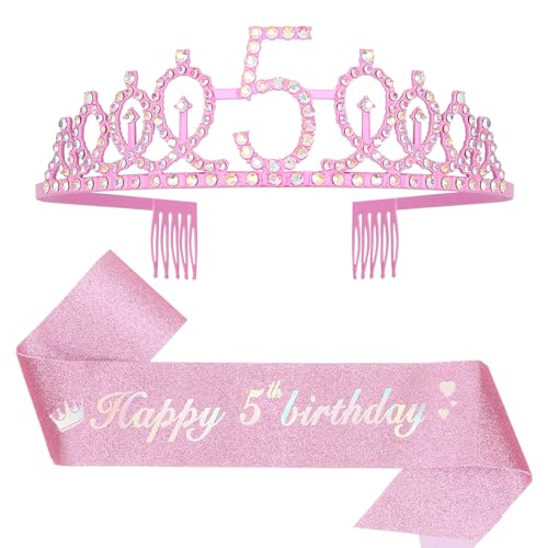 Leixi Dekoration zum 5. Geburtstag für Mädchen, rosa Geburtstagsschärpe und Krone, Tiara-Set, Partyzubehör zum 5. Geburtstag (rosa 5. Geburtstag) von Leixi