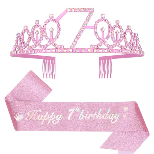Leixi Dekoration zum 7. Geburtstag für Mädchen, rosa Geburtstagsschärpe und Krone, Tiara-Set, Partyzubehör zum 7. Geburtstag (rosa 7. Geburtstag) von Leixi
