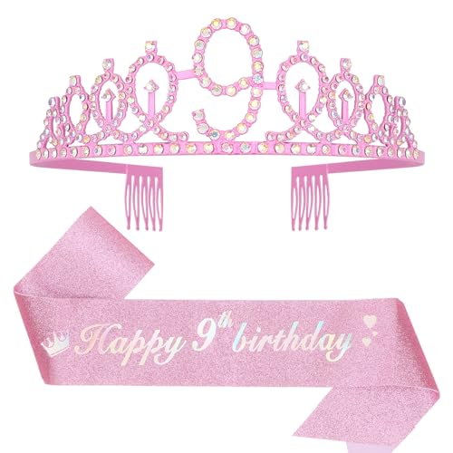 Leixi Dekoration zum 9. Geburtstag für Mädchen, rosa Geburtstagsschärpe und Krone, Tiara-Set, Partyzubehör zum 9. Geburtstag (rosa 9. Geburtstag) von Leixi