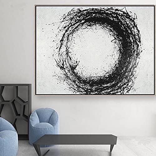 Abstraktes Minimalismus-Bild Schwarz-Weiß-Kreis-Ölgemälde auf Leinwand, gedruckt, großformatige Wandkunst, Kunstmalerei, 60 x 90 cm (24 x 36 Zoll), rahmenlos von Leju Art