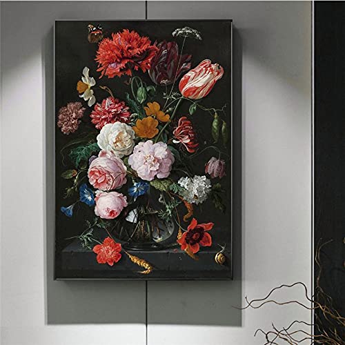 Stillleben mit Blumen in einer Glasvase Ölgemälde Druck auf Leinwand Kunst Poster Barock Kunst Bilder Wohnkultur Wandbild 40X60cm (16x24in) Rahmenlos von Leju Art