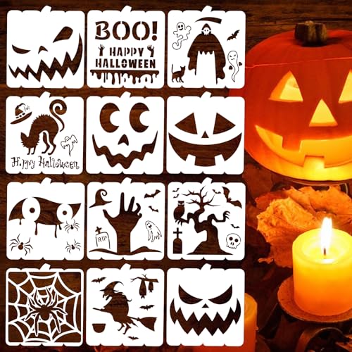 12 Stück Halloween Schablonen, wiederverwendbare Happy Halloween Geist Fledermaus Hexe Kürbis Schablonen für Malerei auf Holz DIY Crafts Halloween Dekorationen von Lekabee