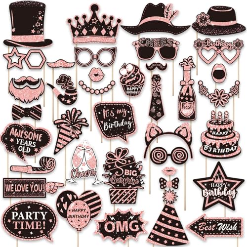 38 Stück Geburtstag Fotostand Requisiten Kit, Happy Birthday Party Favors, Zubehör Bday Party Dekoration Set mit echtem Glitter Cute Bday Designs für Frauen oder Mädchen (Rosa) von Lekabee