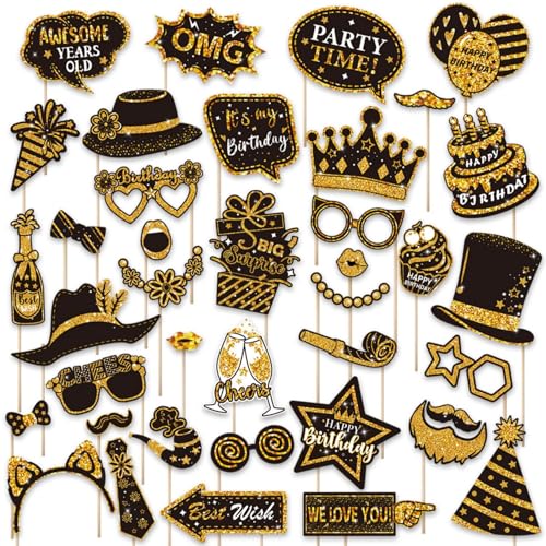 38 Stück Geburtstag Fotostand Requisiten Kit, Happy Birthday Party Favors Supplies Bday Party Dekor, 40th-50th-60th Fotostand lustig niedlich Urlaub Selfie Supplies (Gold und Schwarz) von Lekabee