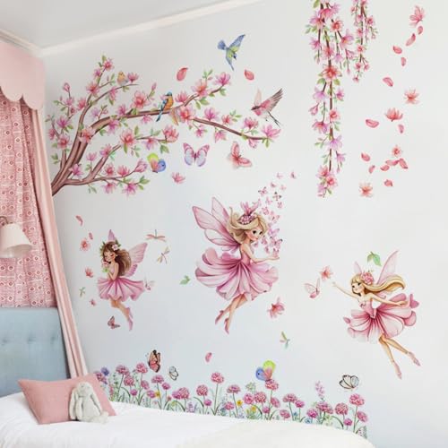 Große rosa Blume Baum Zweig Wandaufkleber, Floral Vögel Schmetterlinge Elfen Wandaufkleber, Wohnzimmer Schlafzimmer Tv Hintergrund Wanddekoration von Lekabee