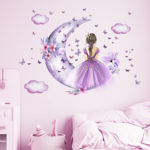 Schmetterling Mädchen Wandaufkleber,Mond Wolken Blume Fee Wandabziehbild,Floral Wandbild Schmetterlinge Wandkunst für Mädchen Baby Kinderzimmer Schlafzimmer Spielzimmer- Lila von Lekabee