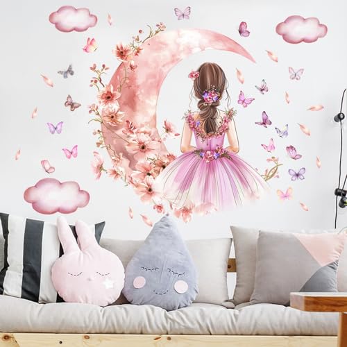 Schmetterling Mädchen Wandaufkleber,Mond Wolken Blume Fee Wandabziehbild,Floral Wandbild Schmetterlinge Wandkunst für Mädchen Baby Kinderzimmer Schlafzimmer Spielzimmer- Rosa von Lekabee