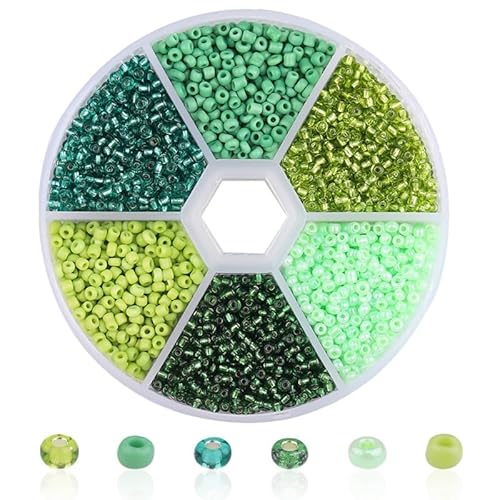 1 Box kleine runde Glas-Rocailles, 2 mm, gemischte Farben, Glasperlen zum Basteln, Perlenstickerei, Schlüsselanhängerherstellung, ca. 3900 Stück, Grünton 1 Box kleine runde Glas-Rocailles, 2 mm, gemischte Farben, Glasperlen zum Basteln, Perlenstickerei, Schlüsselanhängerherstellung, ca. 3900 Stück, Grünton von Leliafleury