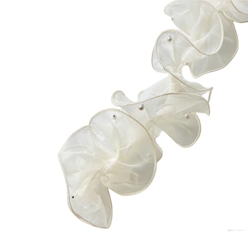 Plissiertes Organzaband mit Perlen, 11 cm x 2 m, Organza-Spitzenband, gerüschte Spitzenborte für Bastelarbeiten, Blumenstrauß, Verpackung, Beige von Leliafleury