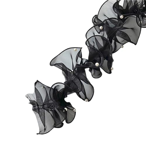 Plissiertes Organzaband mit Perlen, 11 cm x 2 m, Organza-Spitzenband, gerüschte Spitzenborte für Bastelarbeiten, Blumenstrauß, Verpackung, Schwarz von Leliafleury