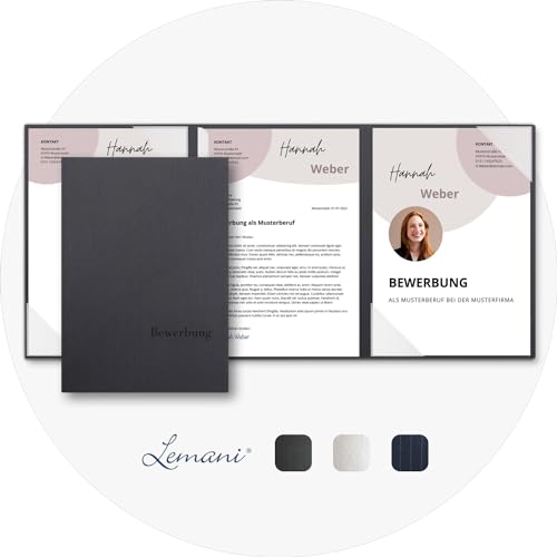 5 Stück 3-teilige Bewerbungsmappen Lemani® BUSINESS 'dark grey' mit 1 Klemmschiene - Premium-Qualität mit unverwechselbarer Haptik und hochwertiger Prägung 'Bewerbung' von Lemani