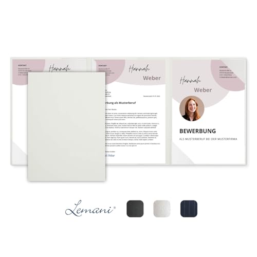 5 Stück 3-teilige Bewerbungsmappen Lemani® BUSINESS 'pearl white' mit 1 Klemmschiene - Premium-Qualität mit unverwechselbarer Haptik und hochwertiger Prägung 'Bewerbung' von Lemani