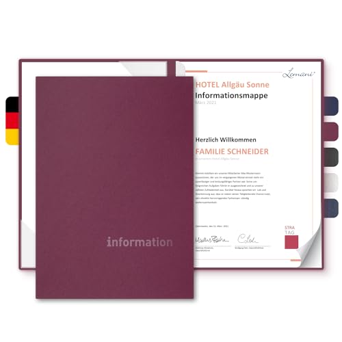 Informationsmappe A4 Premium-Karton - Lemani® CARISMA - mit Prägung ‚information‘ - für Gäste oder Mitarbeiter - hochwertige Informations-Präsentation aus 375g/m² Pappe (Bordeaux, 8 Stück) von Lemani