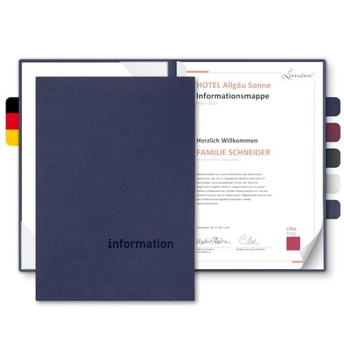 Informationsmappe A4 Premium-Karton - Lemani® CARISMA - mit Prägung ‚information‘ - für Gäste oder Mitarbeiter - hochwertige Informations-Präsentation aus 375g/m² Pappe (Marineblau, 8 Stück) von Lemani