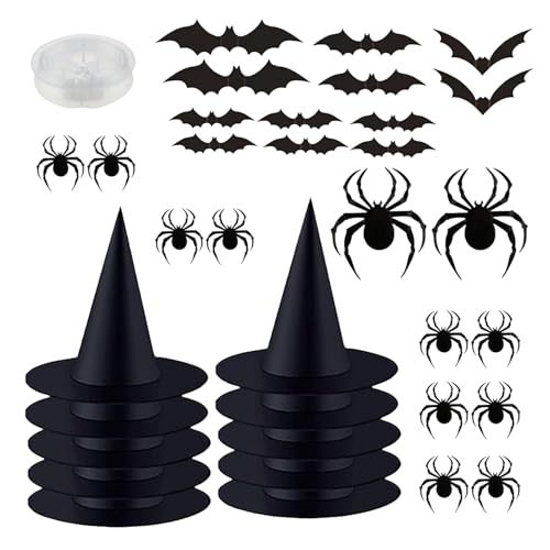 Lembeauty Hexenhut, Hexenhüte Halloween Deko, Mit Spinnen Aufklebern Für Kostüm Requisiten Zimmer Flur Vordereingang Tür Garten Baum Dekoration von Lembeauty